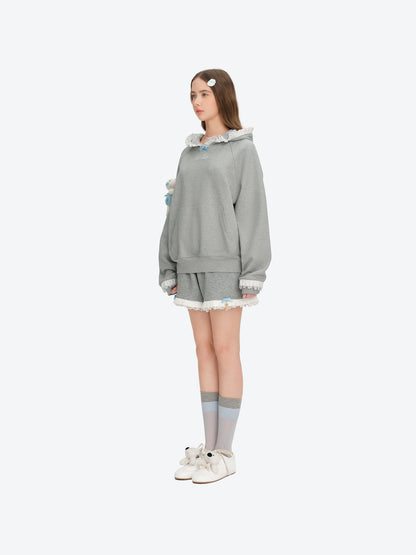 13DE MARZO Lace-Brim Pullover Hoodie Grey