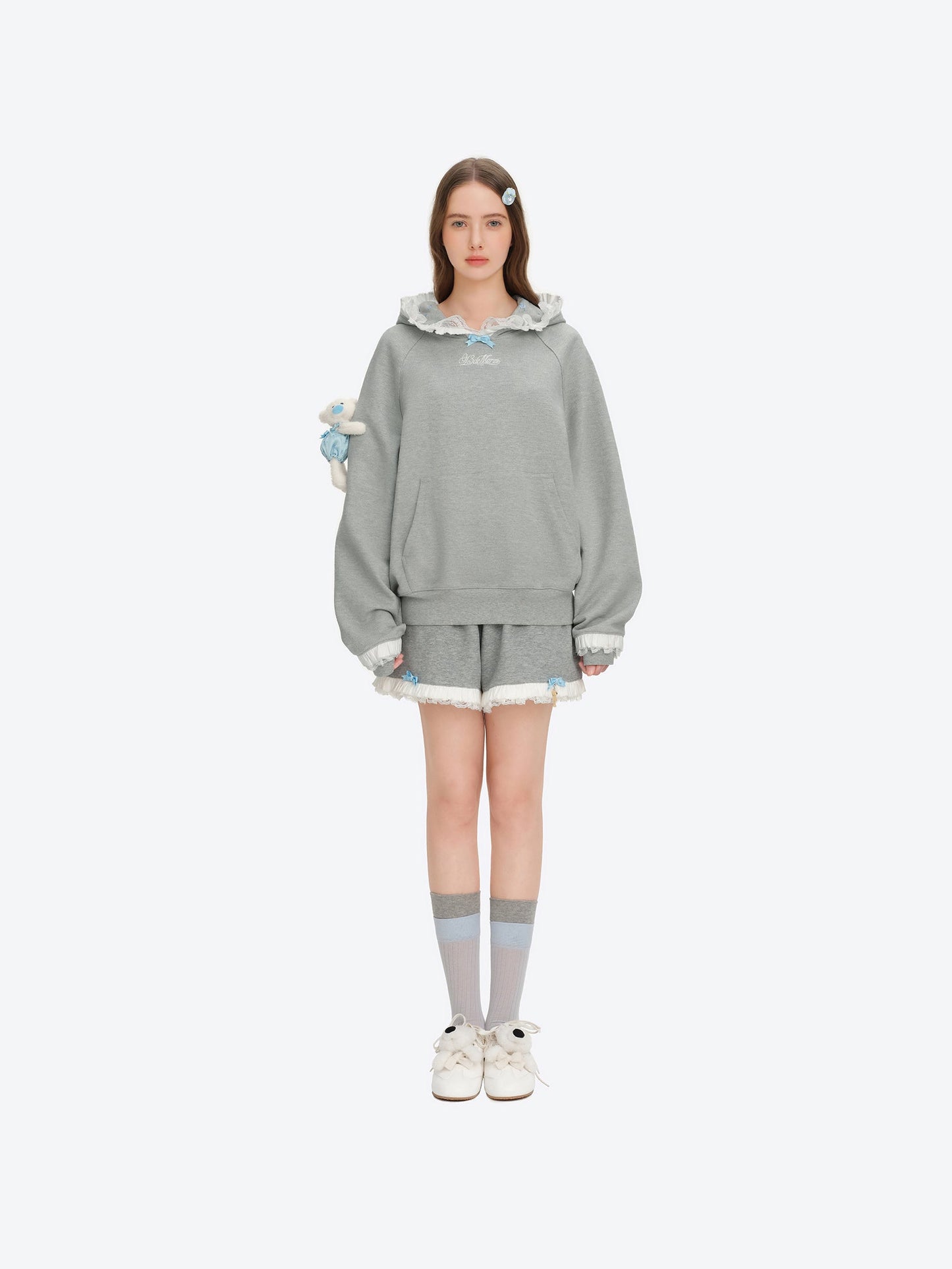 13DE MARZO Lace-Brim Pullover Hoodie Grey