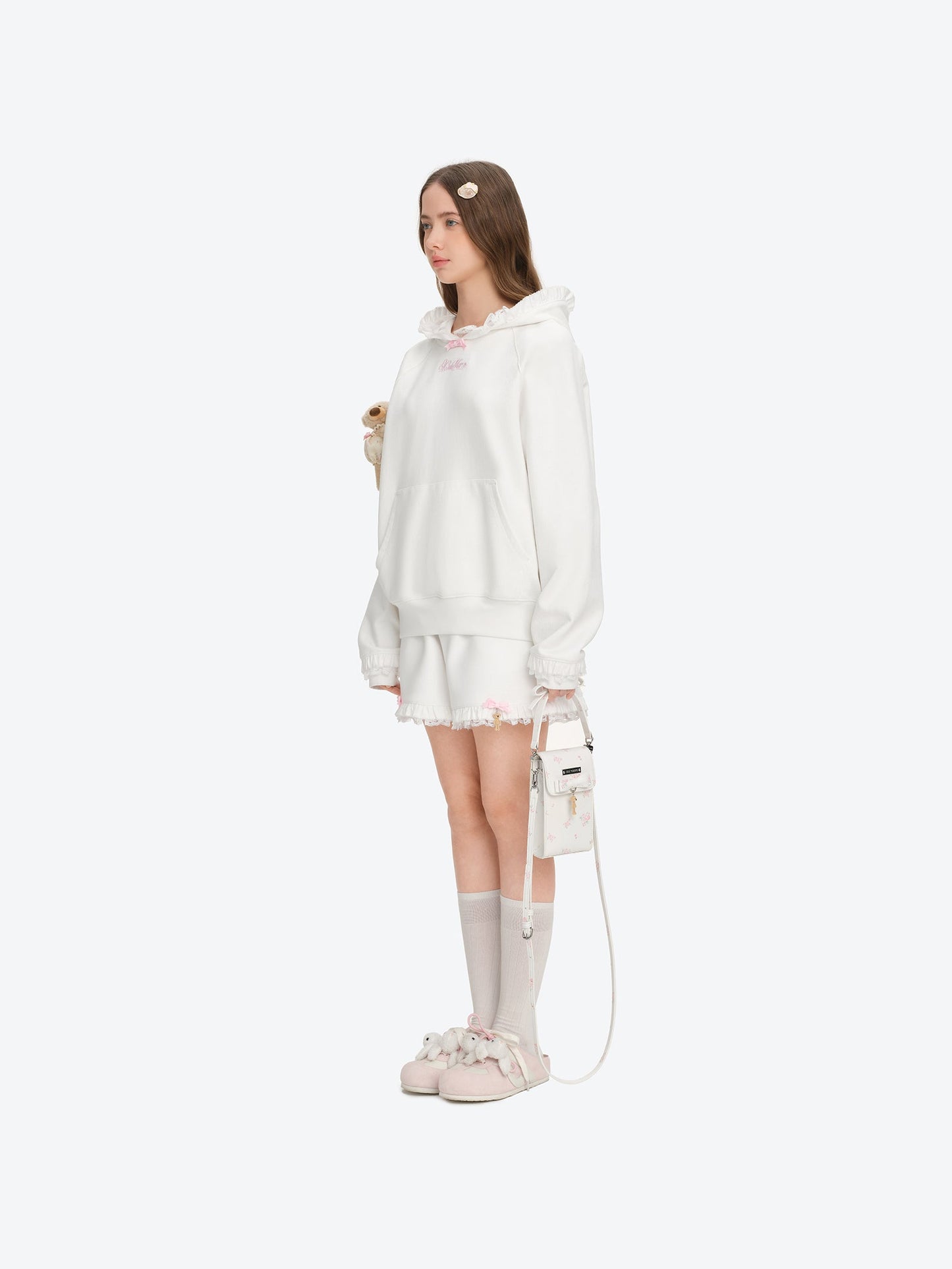 13DE MARZO Lace-Brim Pullover Hoodie White