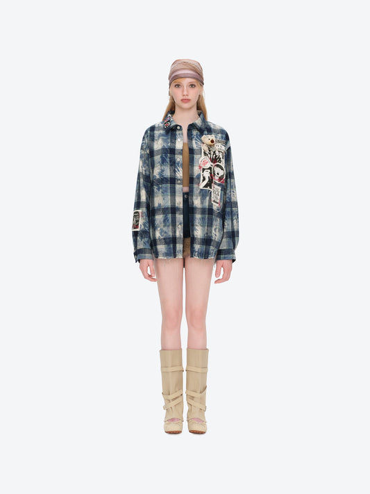 13DE MARZO Rolling Stones Distressed Appliqué Overshirt Blue