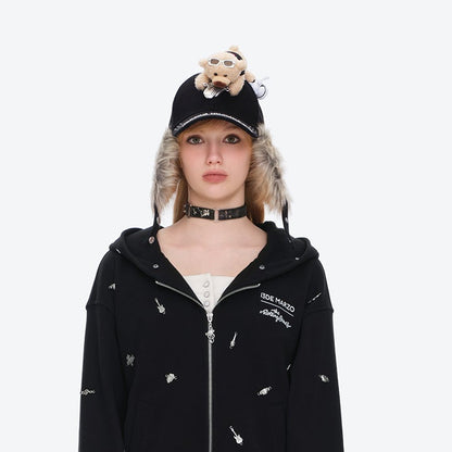 13DE MARZO Rolling Stones Furry Earflap Cap Black