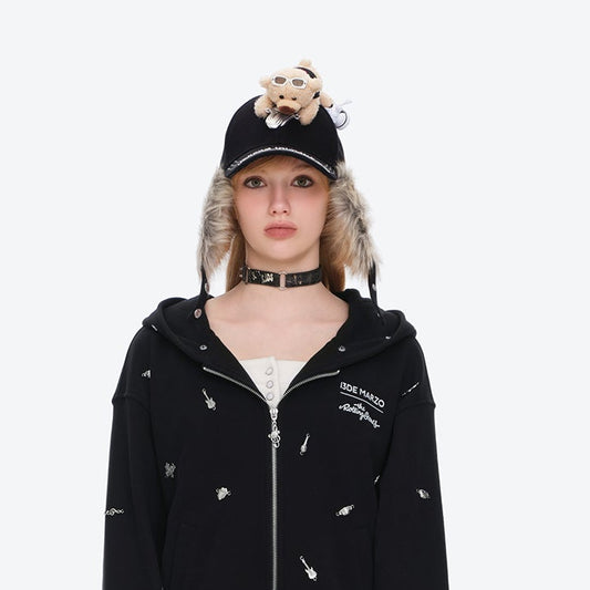 13DE MARZO Rolling Stones Furry Earflap Cap Black