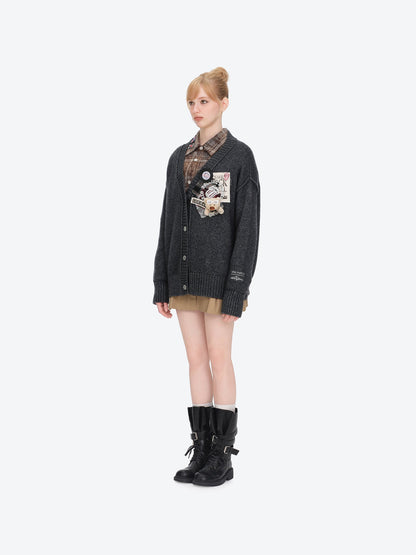 13DE MARZO Rolling Stones Appliqué Cardigan Dark Grey