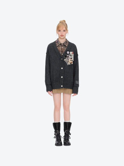 13DE MARZO Rolling Stones Appliqué Cardigan Dark Grey