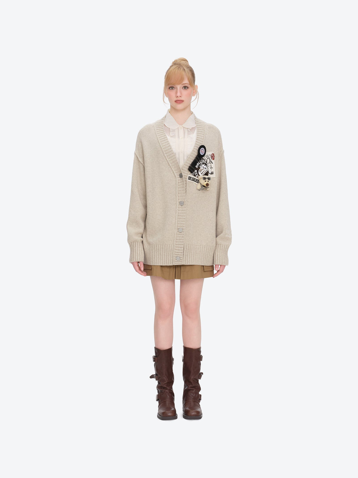 13DE MARZO Rolling Stones Appliqué Cardigan Sand