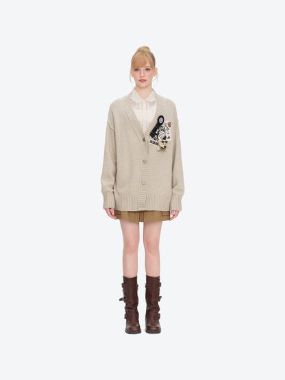 13DE MARZO Rolling Stones Appliqué Cardigan Sand