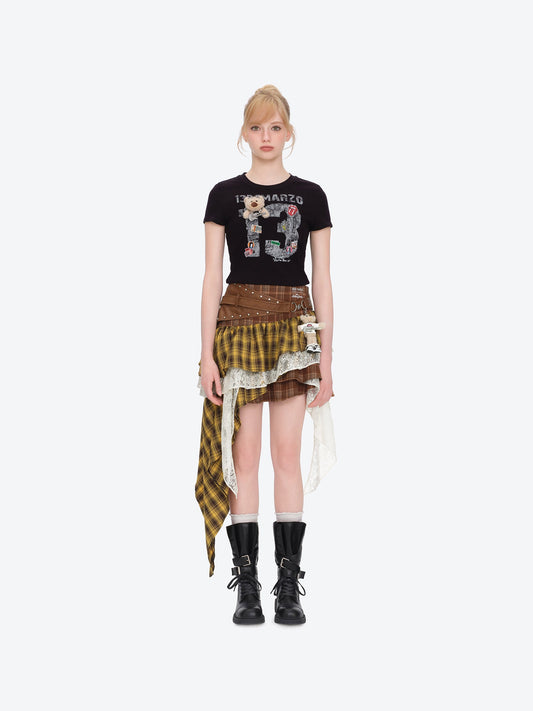 13DE MARZO Rolling Stones Asymmetrical Lace Skirt Yellow