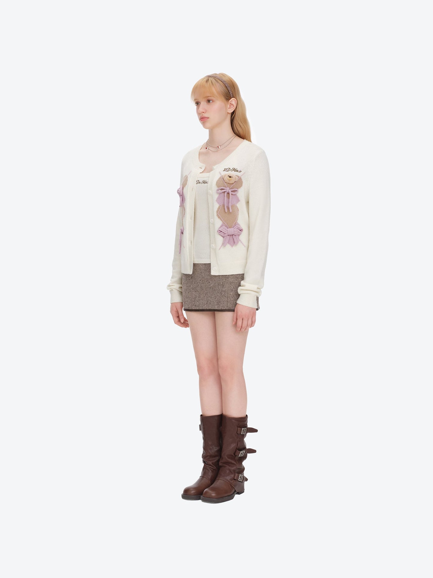 13DE MARZO Bow Bear Knit Cardigan Vest Beige