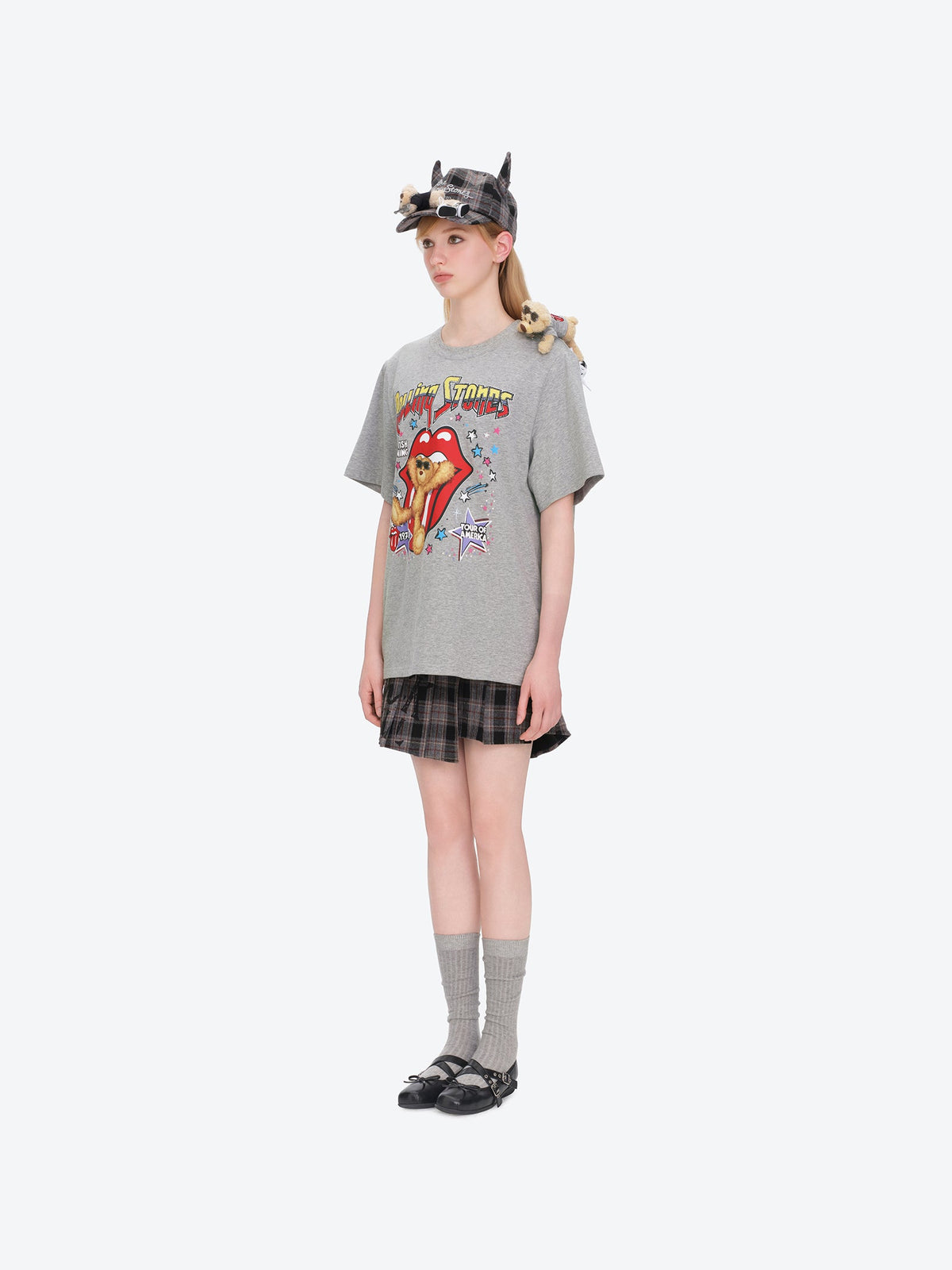 13DE MARZO Rolling Stones Devil Horn Plaid Cap Grey