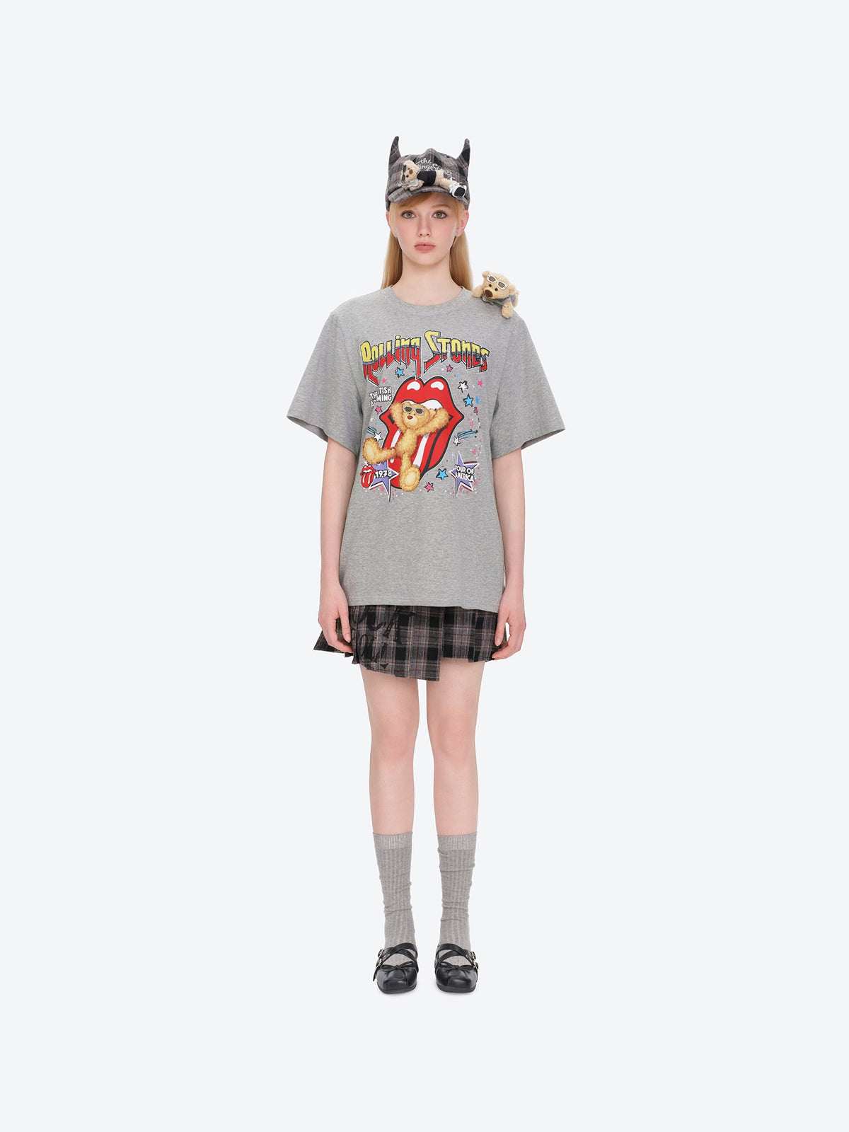 13DE MARZO Rolling Stones Devil Horn Plaid Cap Grey