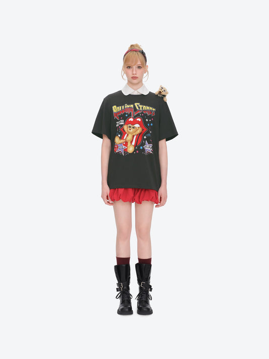 13DE MARZO Rolling Stones Cropped Distressed Tee Dark Grey