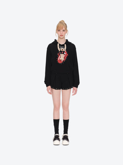 13DE MARZO Rolling Stones Bear Cropped Hoodie Black