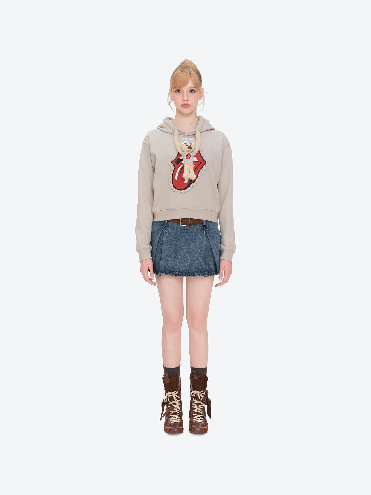 13DE MARZO Rolling Stones Bear Cropped Hoodie Khaki
