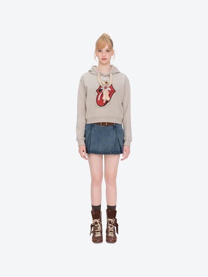 13DE MARZO Rolling Stones Bear Cropped Hoodie Khaki