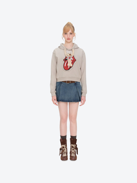 13DE MARZO Rolling Stones Bear Cropped Hoodie Khaki