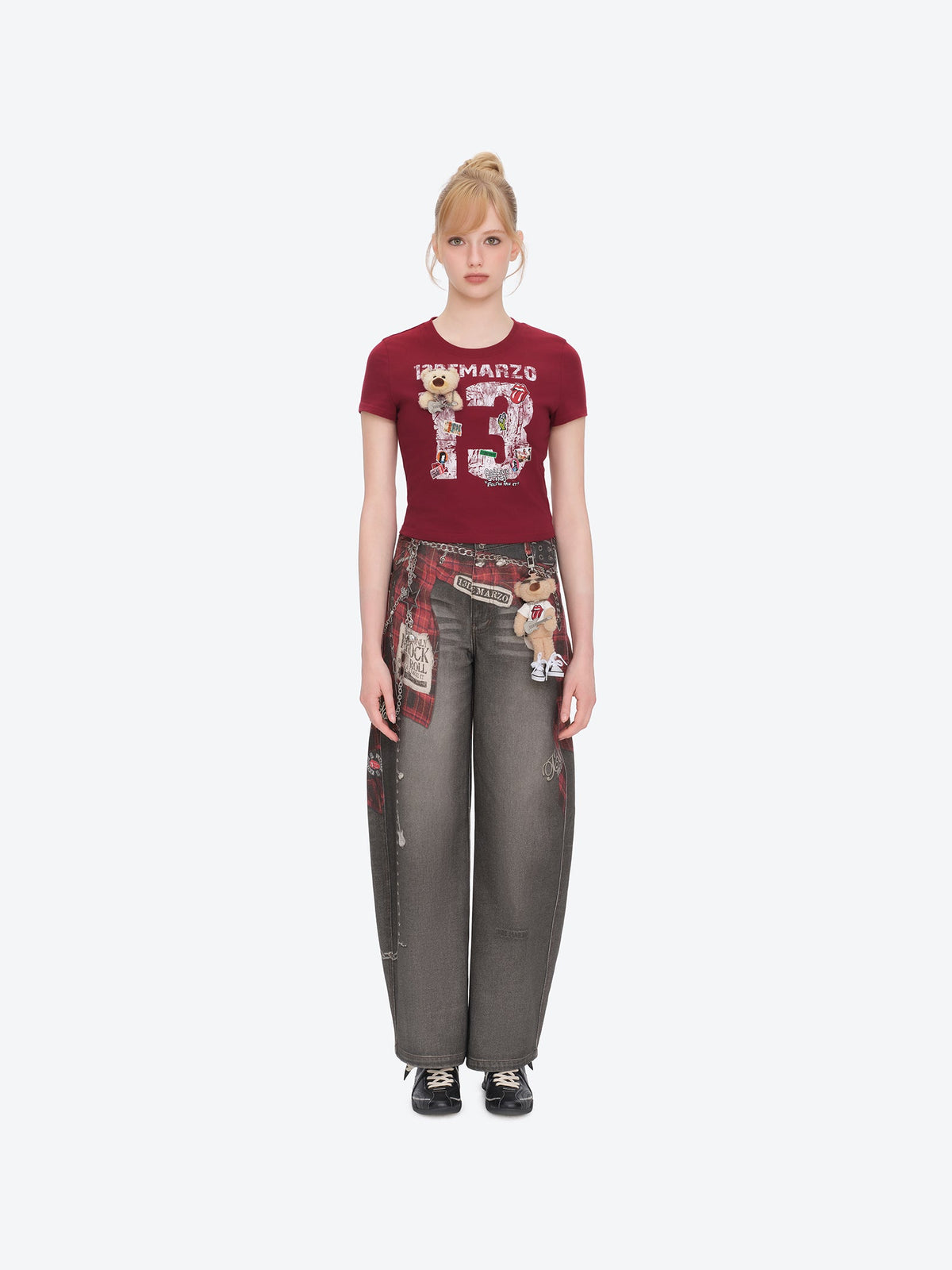 13DE MARZO Rolling Stones Cropped Distressed Tee Red