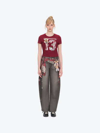 13DE MARZO Rolling Stones Cropped Distressed Tee Red