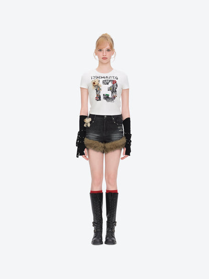 13DE MARZO Rolling Stones Cropped Distressed Tee White