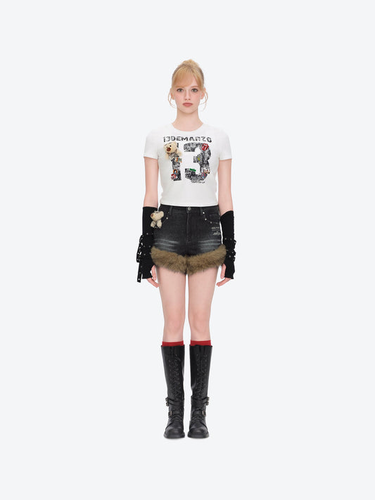 13DE MARZO Rolling Stones Cropped Distressed Tee White
