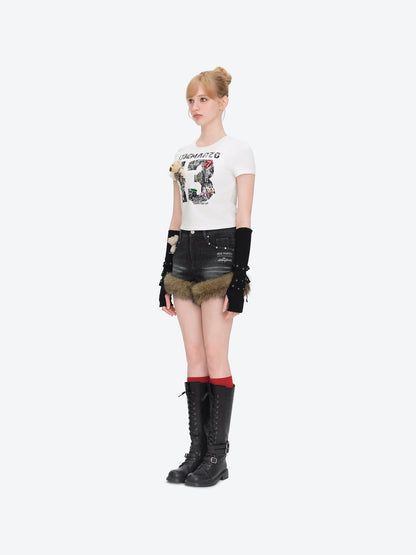 13DE MARZO Rolling Stones Cropped Distressed Tee White
