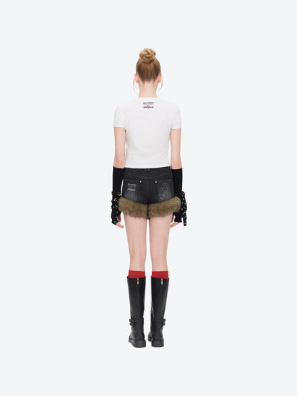 13DE MARZO Rolling Stones Cropped Distressed Tee White