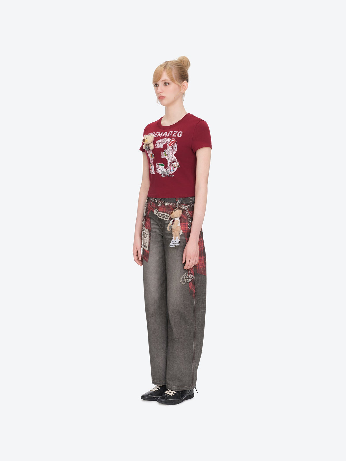 13DE MARZO Rolling Stones Cropped Distressed Tee Red
