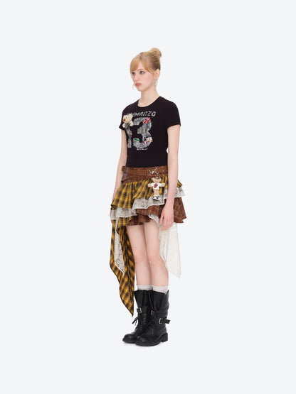13DE MARZO Rolling Stones Cropped Distressed Tee Black