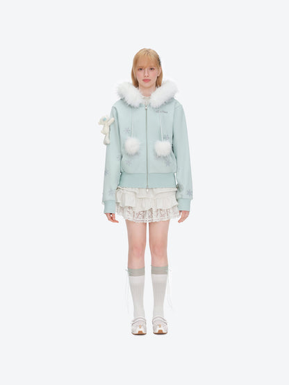 13DE MARZO Shimmer Snow Bear Zip Hoodie Blue