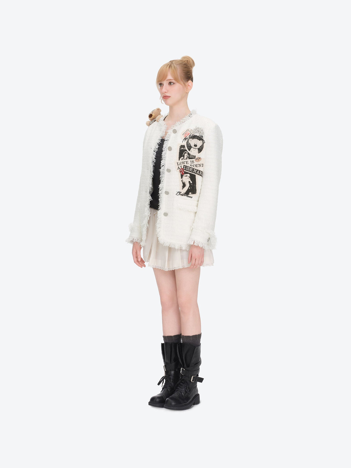 13DE MARZO Rolling Stones Badge Tweed Jacket White