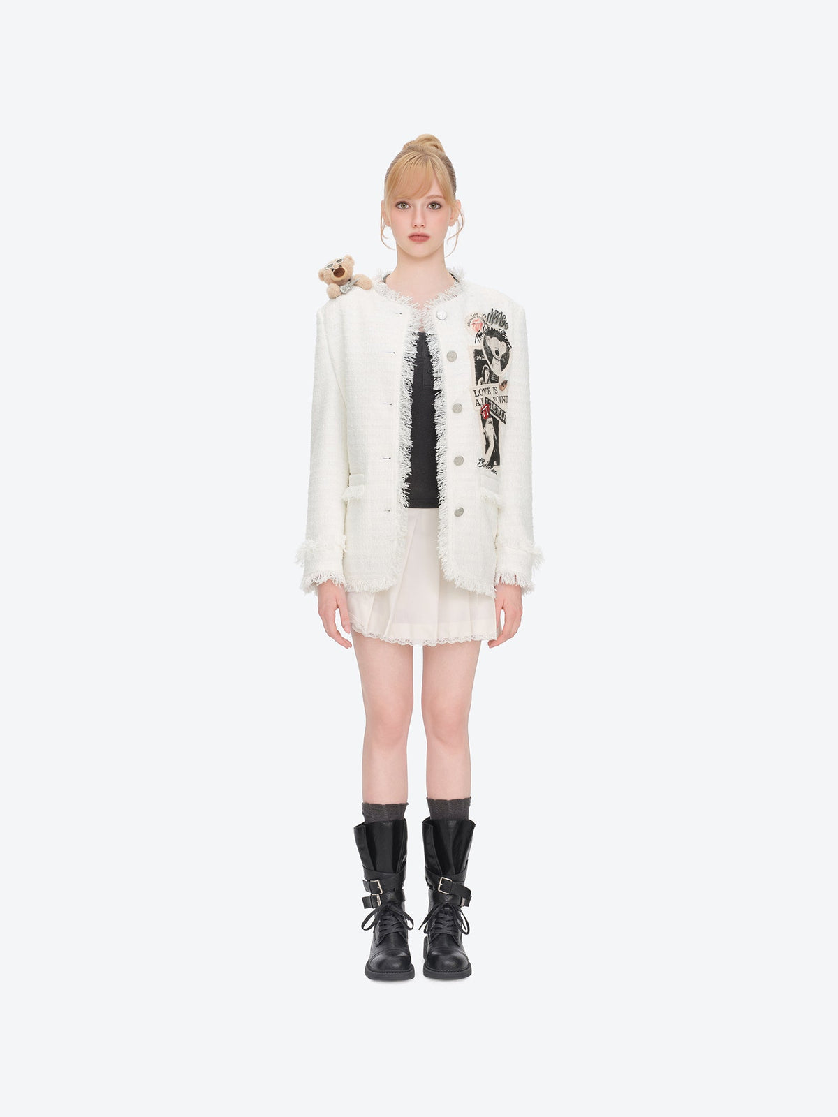 13DE MARZO Rolling Stones Badge Tweed Jacket White