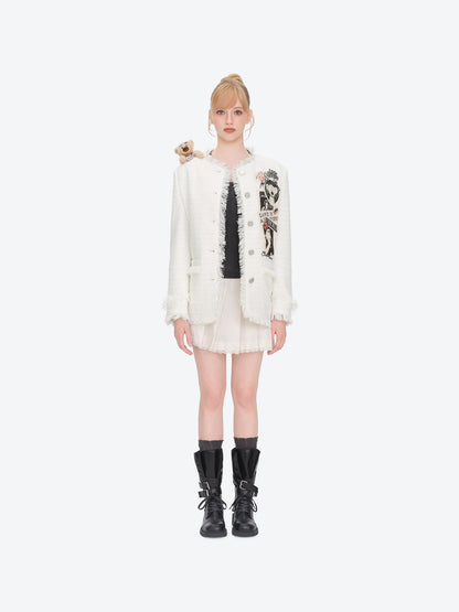 13DE MARZO Rolling Stones Badge Tweed Jacket White