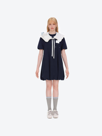 13DE MARZO Nighty Night Bear Collar Dress Navy Blue