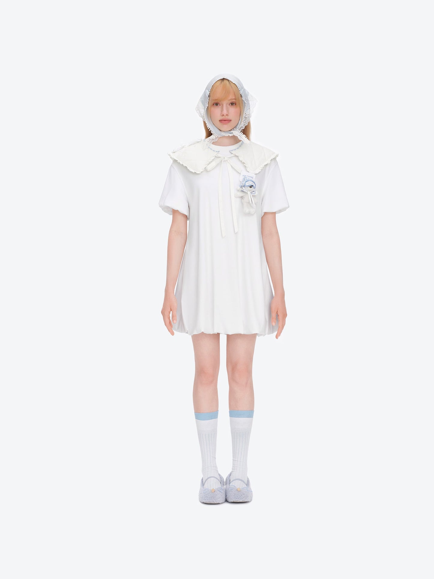 13DE MARZO Nighty Night Bear Collar Dress White