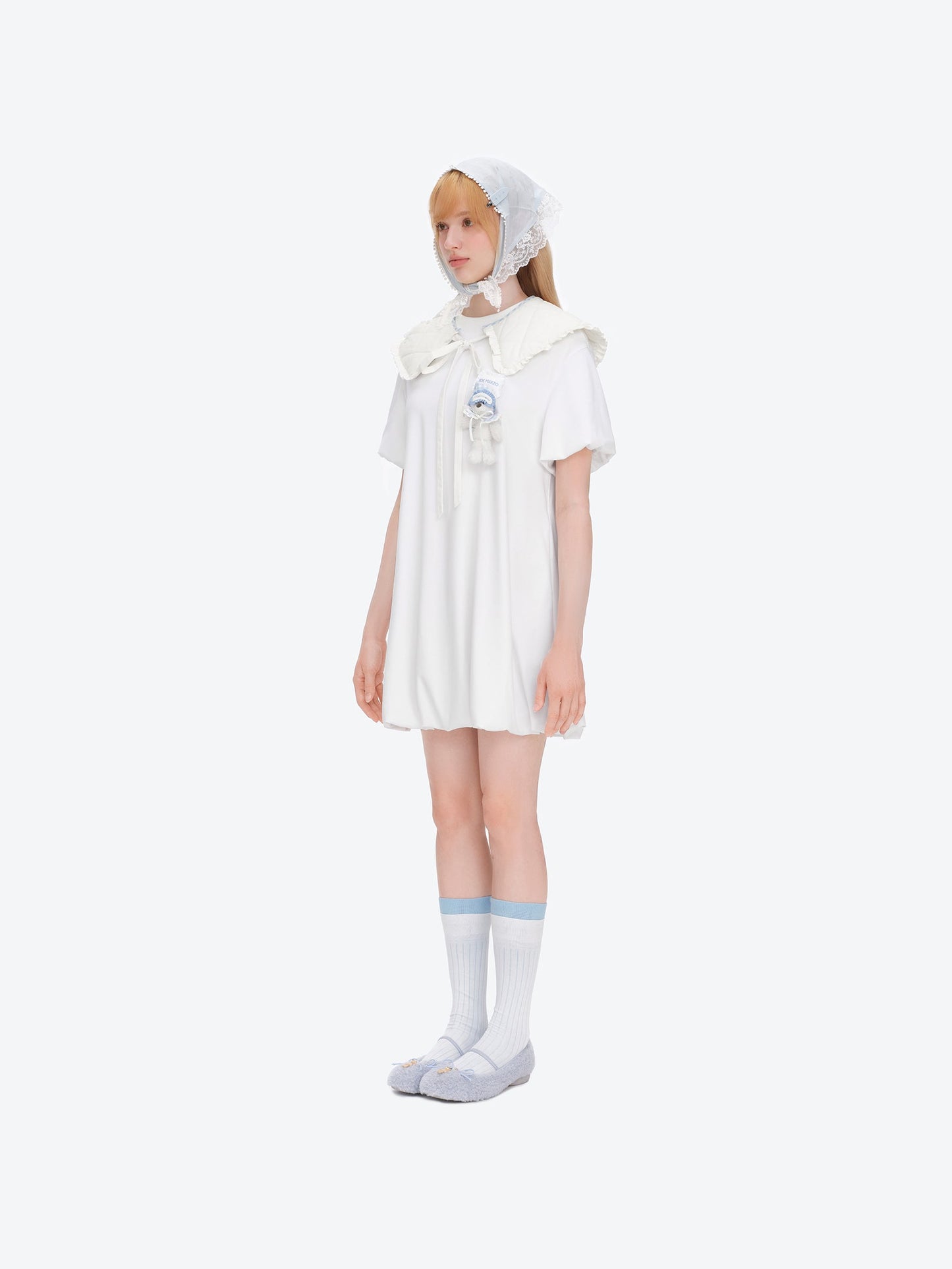 13DE MARZO Nighty Night Bear Collar Dress White