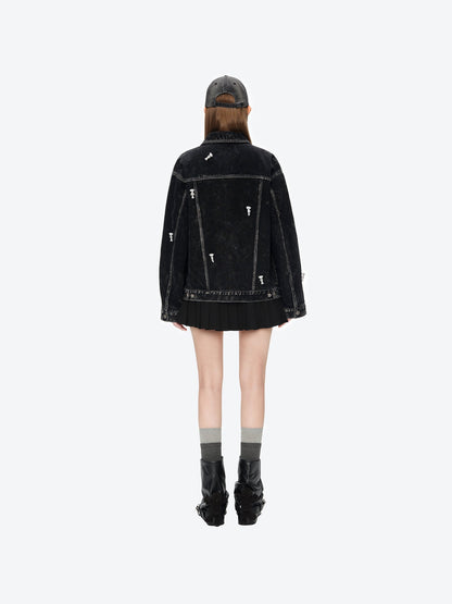 13DE MARZO All-Over Flocked Bear Denim Jacket Black