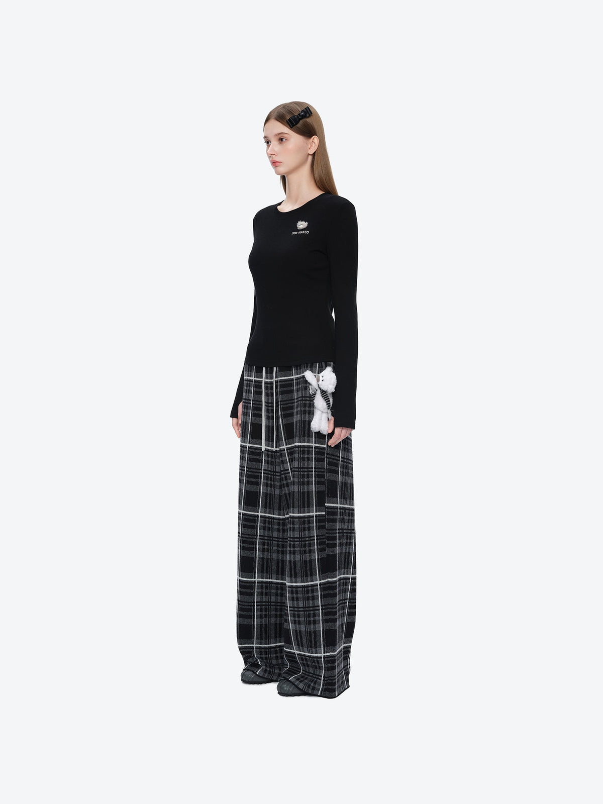 13DE MARZO Knit Jacquard Plaid Pants Black