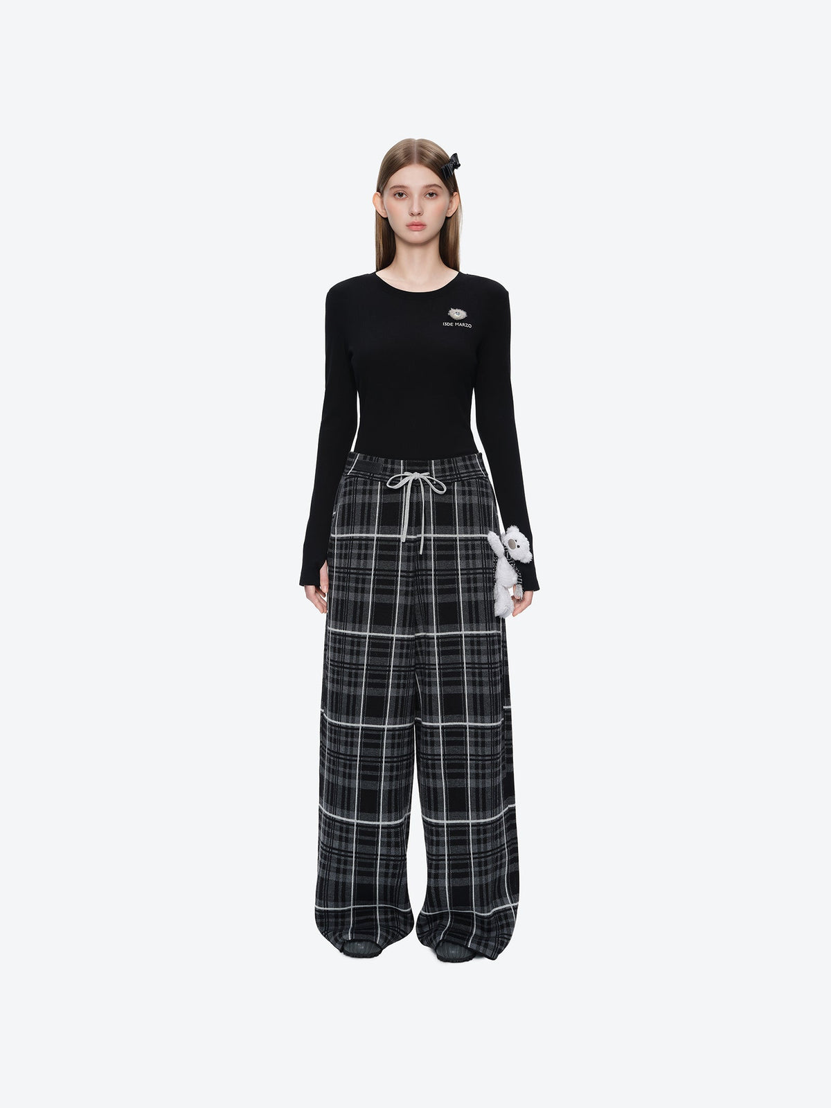 13DE MARZO Knit Jacquard Plaid Pants Black