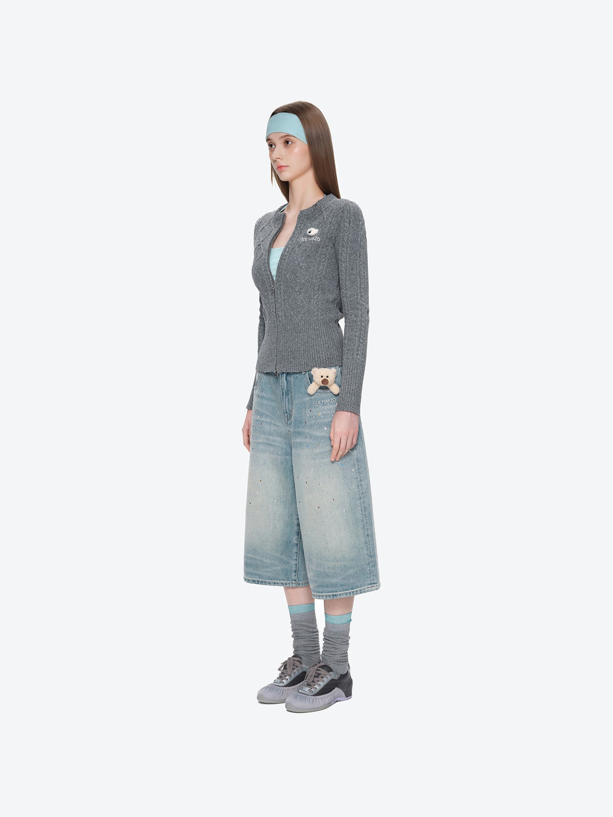 13DE MARZO Mini Bear Slim Fit Knit Zip Cardigan Grey