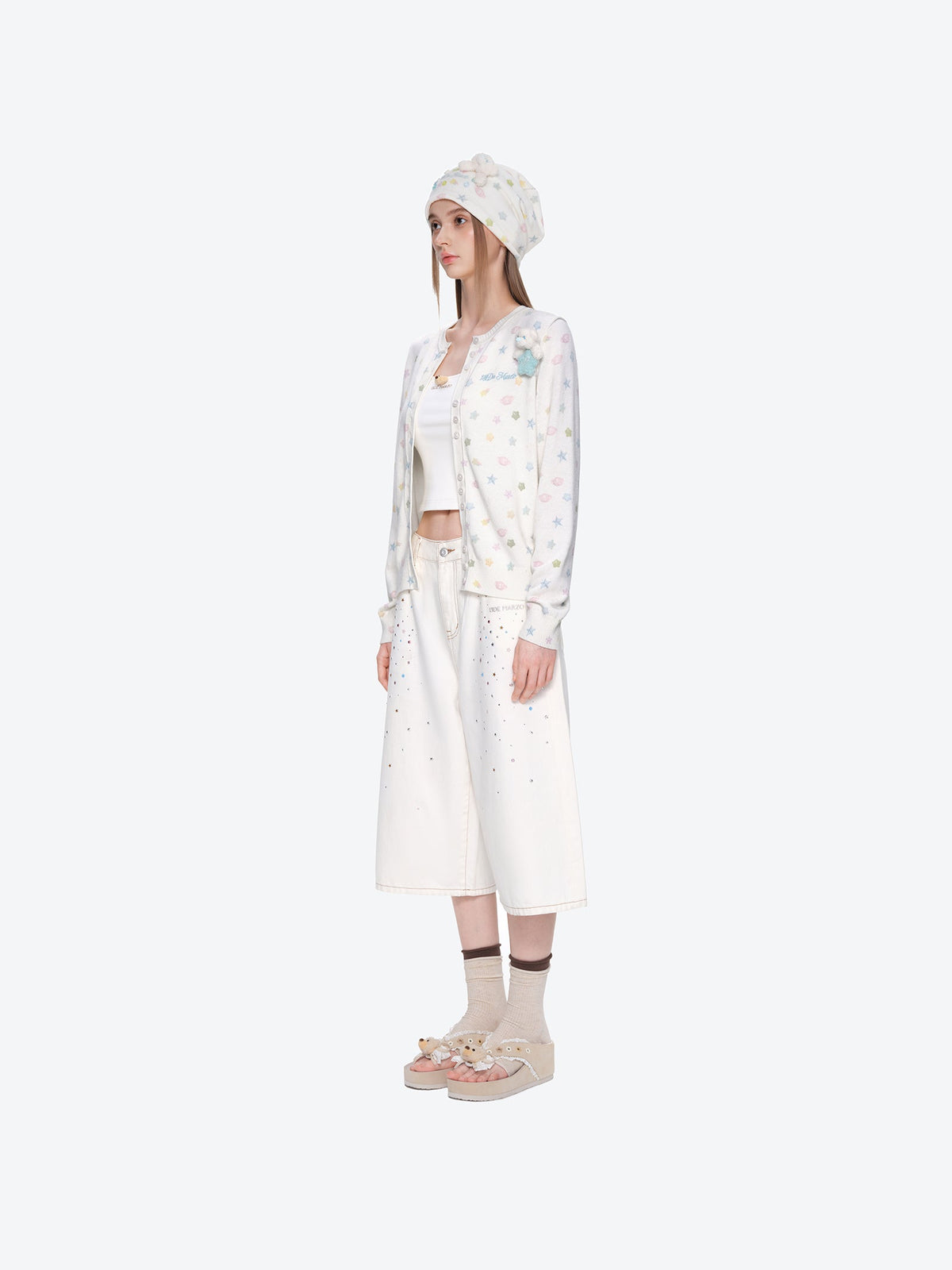 13DE MARZO All-Over Star Print Knit Beanie