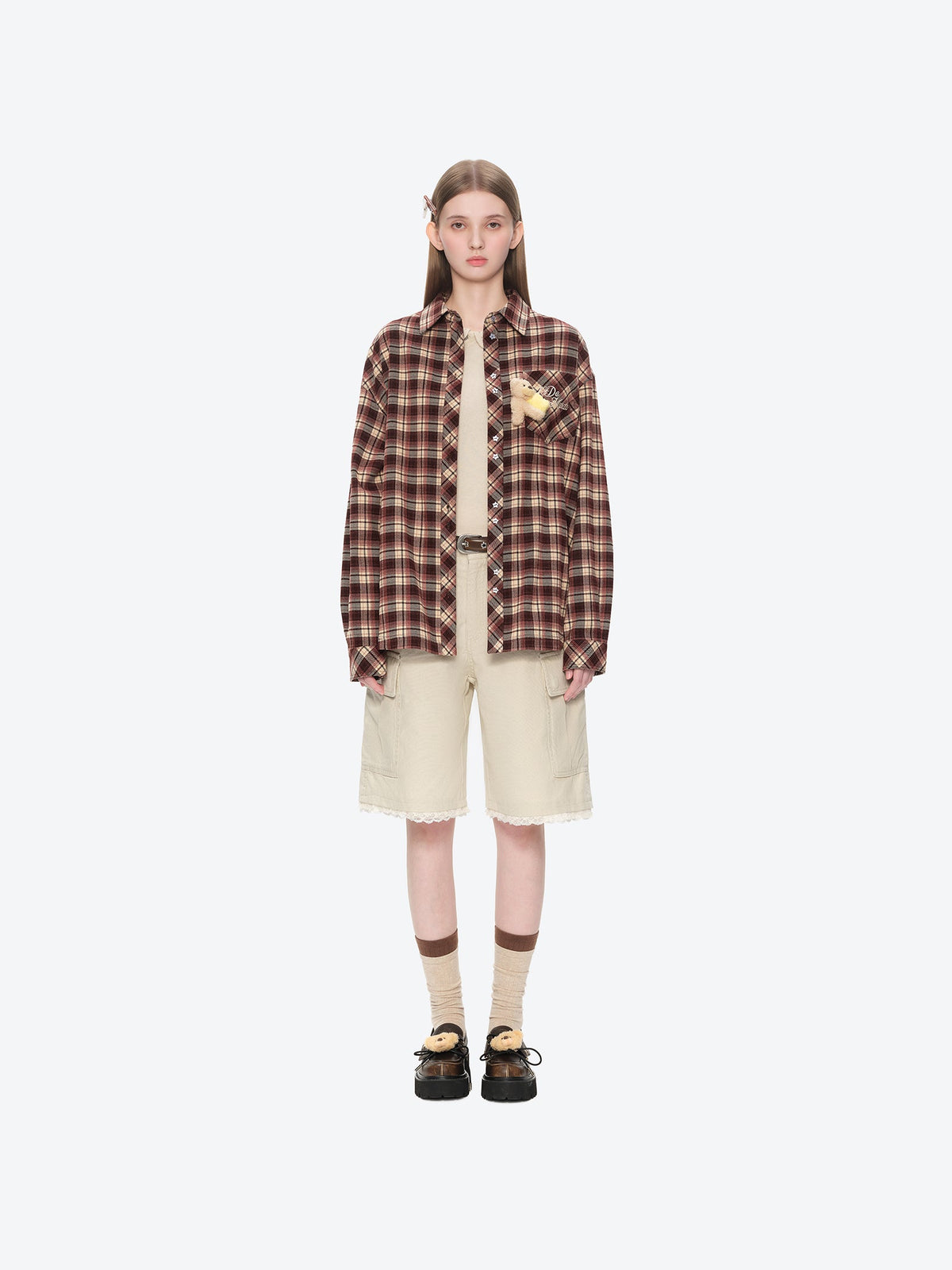 13DE MARZO Luminous Bear Long Sleeve Plaid Shirt Red