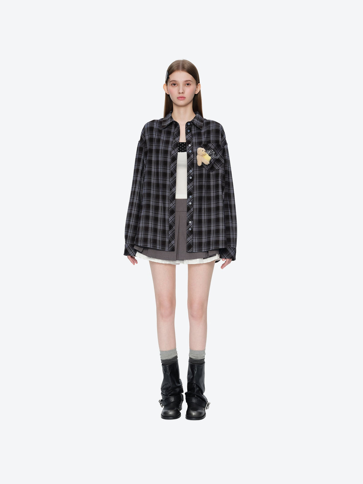 13DE MARZO Luminous Bear Long Sleeve Plaid Shirt Blue
