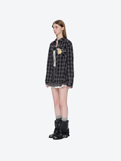 13DE MARZO Luminous Bear Long Sleeve Plaid Shirt Blue
