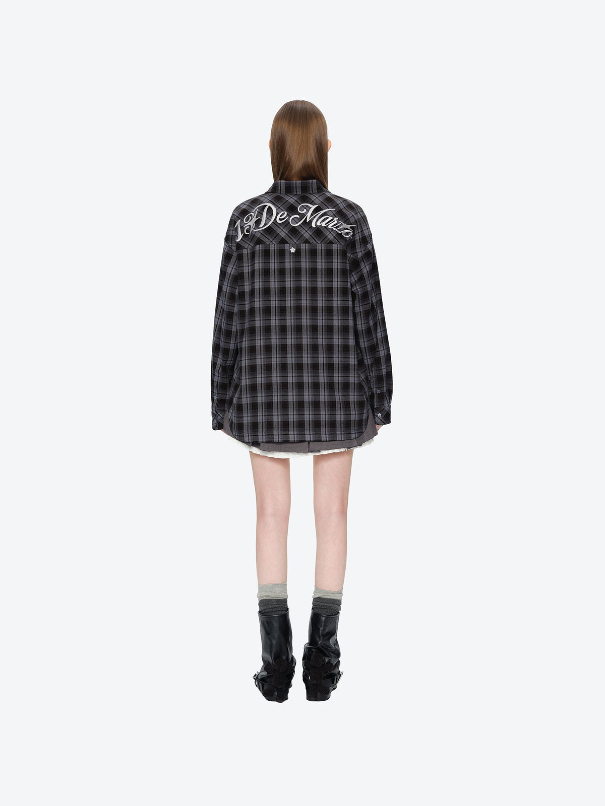 13DE MARZO Luminous Bear Long Sleeve Plaid Shirt Blue