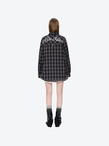 13DE MARZO Luminous Bear Long Sleeve Plaid Shirt Blue