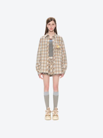 13DE MARZO Luminous Bear Long Sleeve Plaid Shirt Khaki