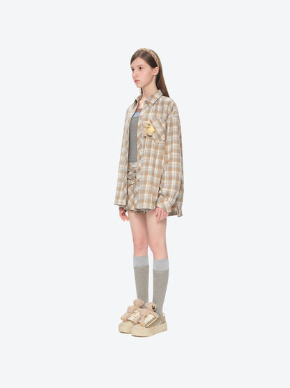 13DE MARZO Luminous Bear Long Sleeve Plaid Shirt Khaki