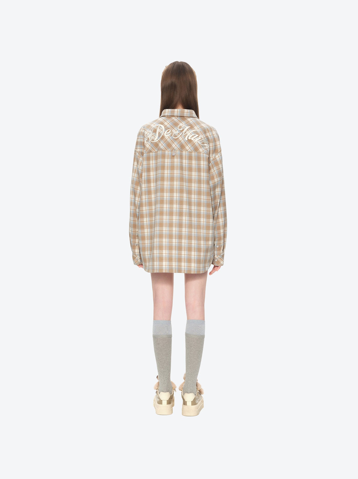 13DE MARZO Luminous Bear Long Sleeve Plaid Shirt Khaki