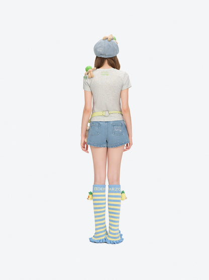 13DE MARZO Fruit Illustration Fitted T-shirt Grey