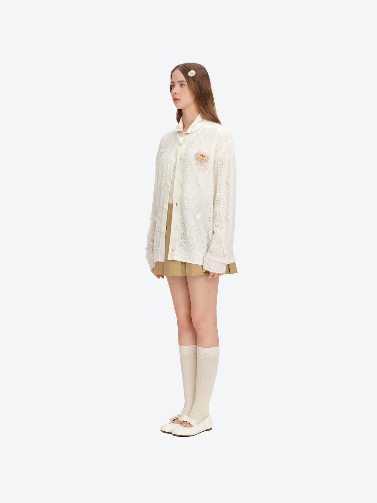 13DE MARZO Semi-Sheer Floral Cardigan White