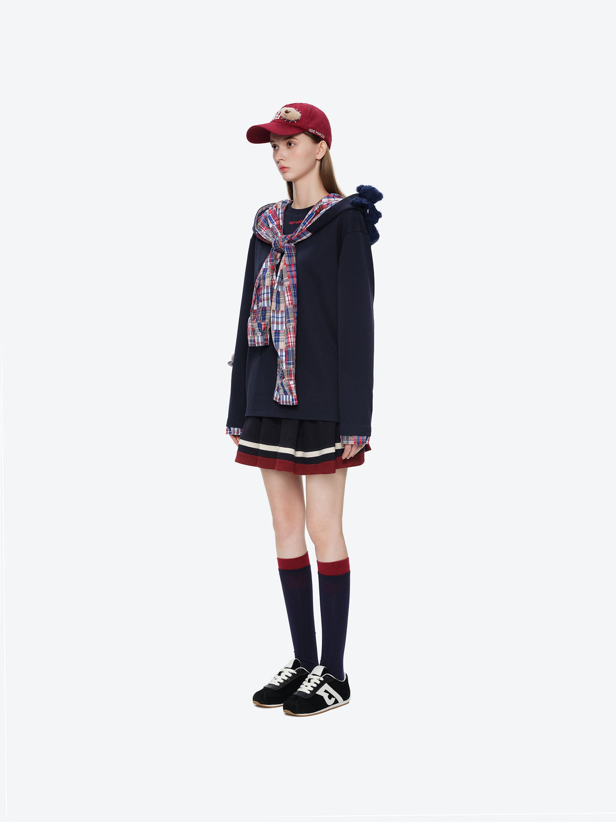 13DE MARZO Plaid Deconstructed Long Sleeve Navy Blue